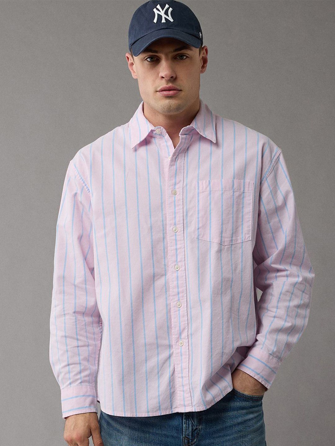 AMERICAN EAGLE OUTFITTERS Striped Oxford Weave Button-Up Oversized Cotton Shirt