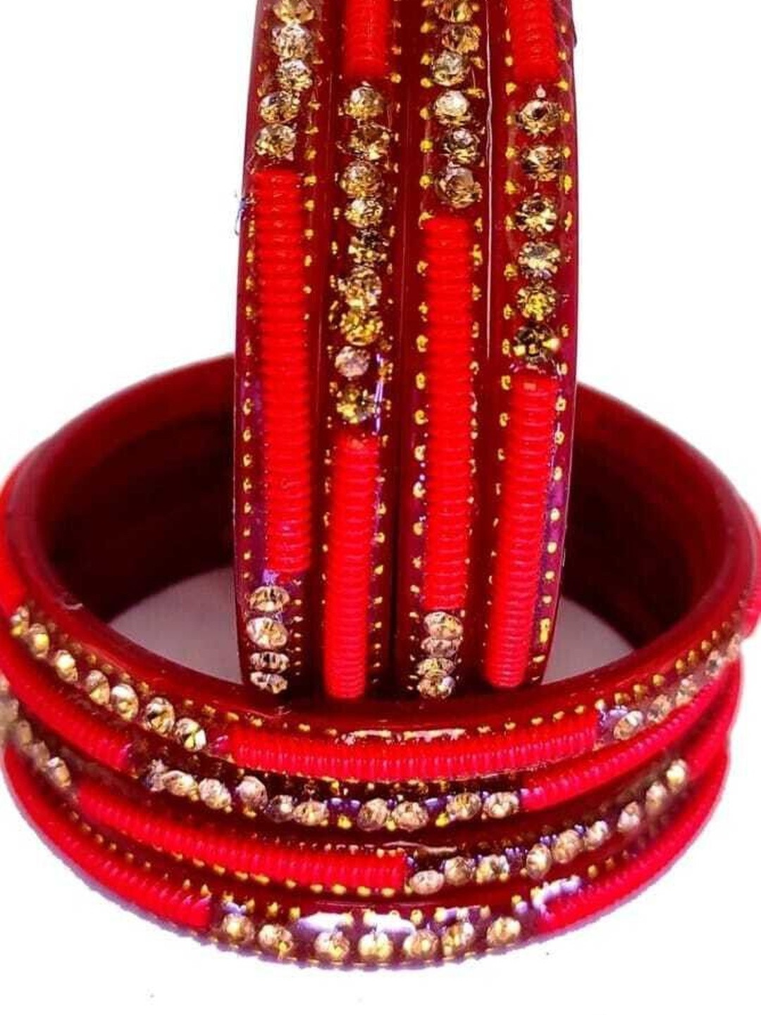AMSHA Set Of 8 Red Glass Artificial Stones & Beads Bangle