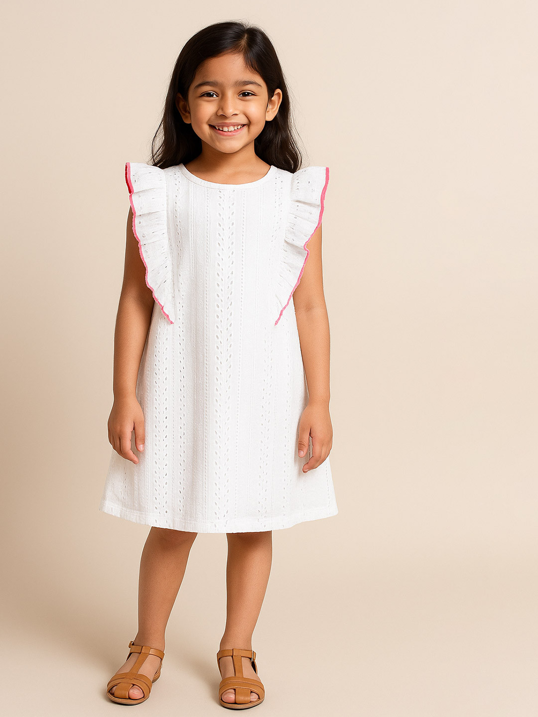 Miyo White Self Design A-Line Dress