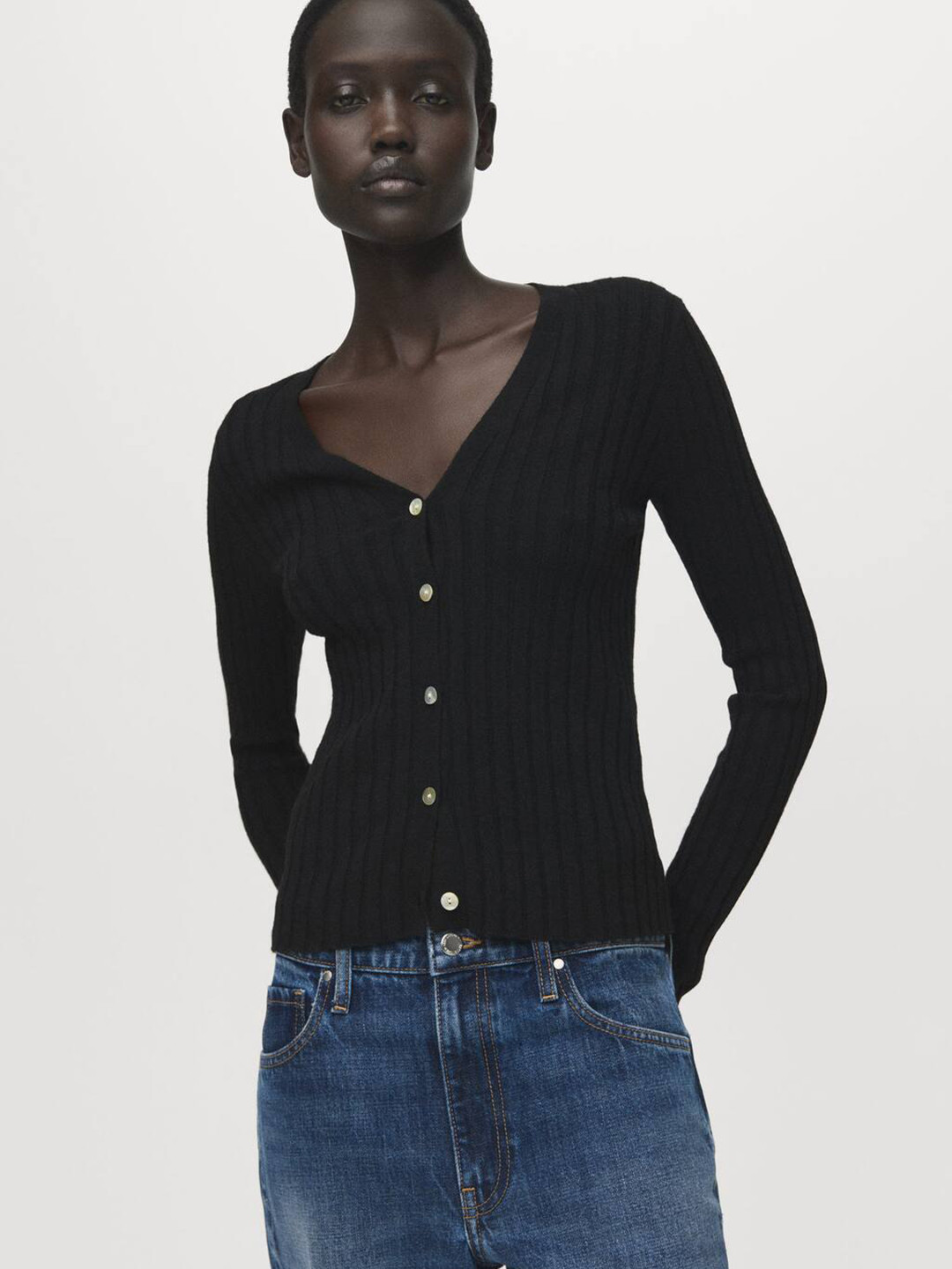 MANGO Ribbed V-Neck Cardigan
