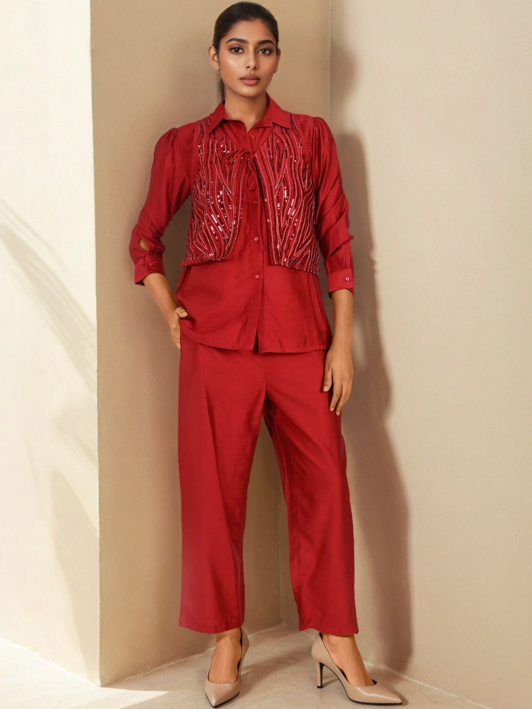 STYLESANG Embellished Shirt & Trouser & Jacket Co-Ords