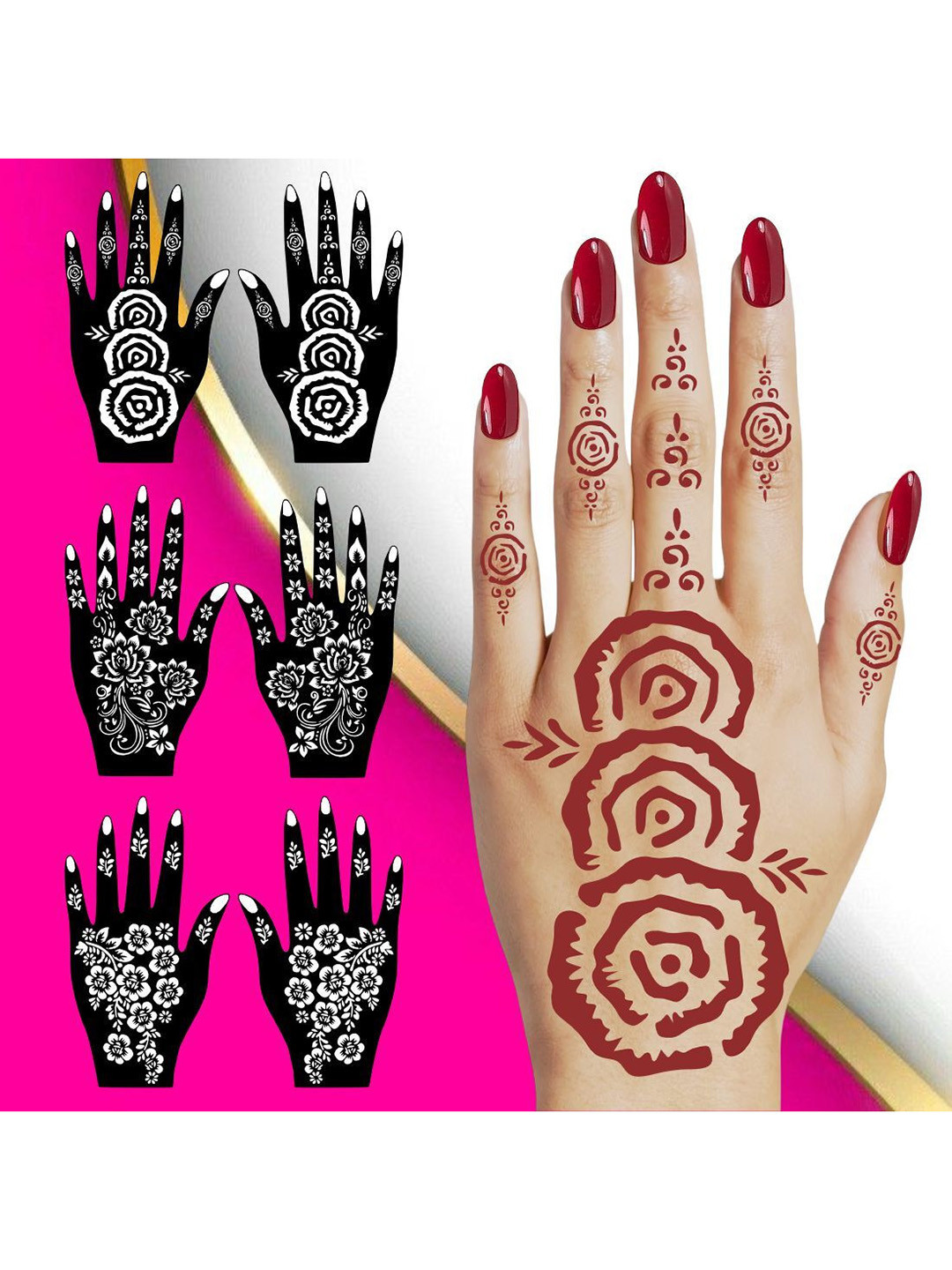 VOORKOMS Flower Covered Combo Mehndi Stencil Sticker With Bold Patterns For Family