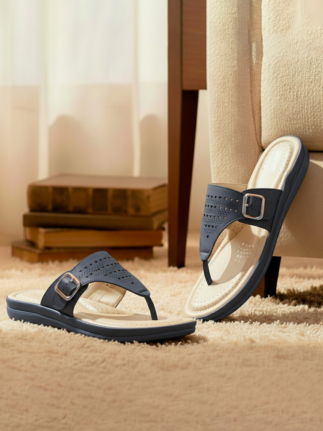 DOCTOR EXTRA SOFT Textured Lightweight Open Toe Flats With Buckles Detail & Laser Cuts