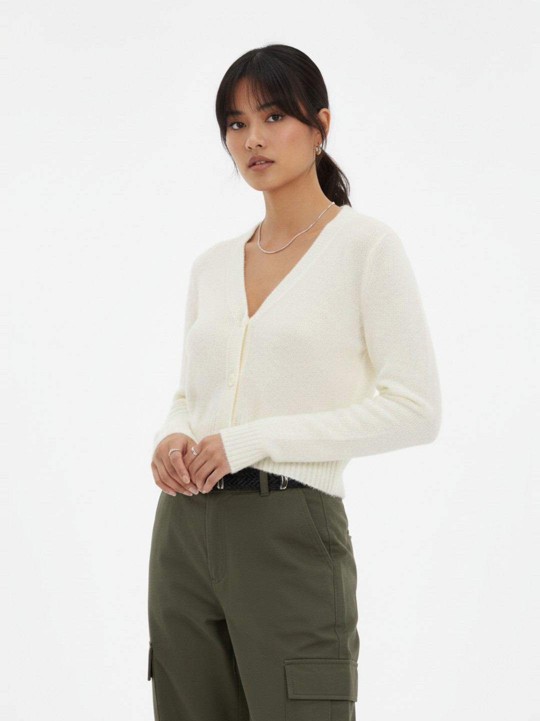 glitchez Ribbed V-Neck Cropped Cardigan