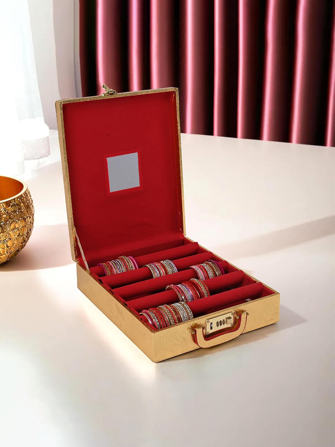 Kuber Industries Metallic-color Wooden Five Rod Bangle Storage Box Organiser