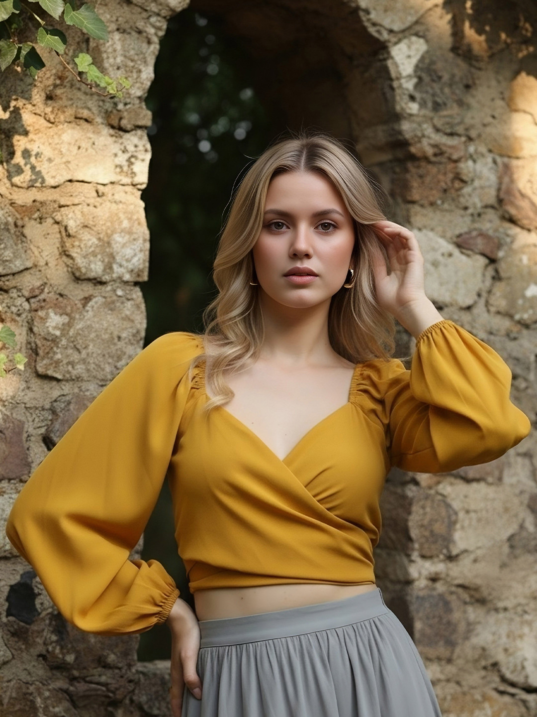 Berrylush Women Stylish Mustard Solid Wrap It Up Top