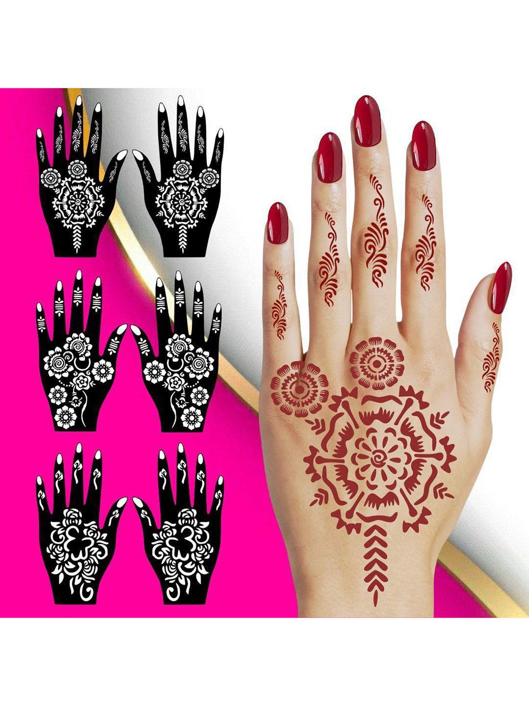 VOORKOMS Pack Of 3 Mehndi Stencil Stickers for Henna Beauty