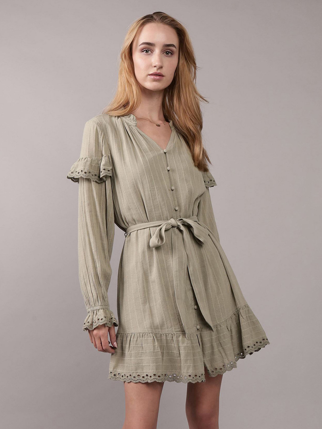 AMERICAN EAGLE OUTFITTERS Women Self Design Striped Tie Ups A Line Mini Dress