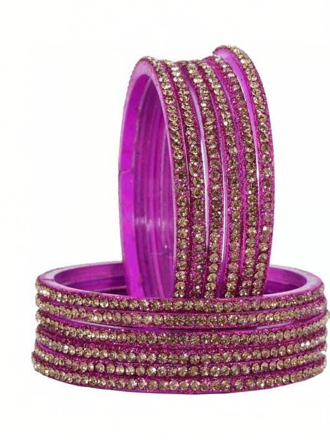 SHRASHTI Set Of 12 Gold-Plated & Magenta Glass Zircon Bangle