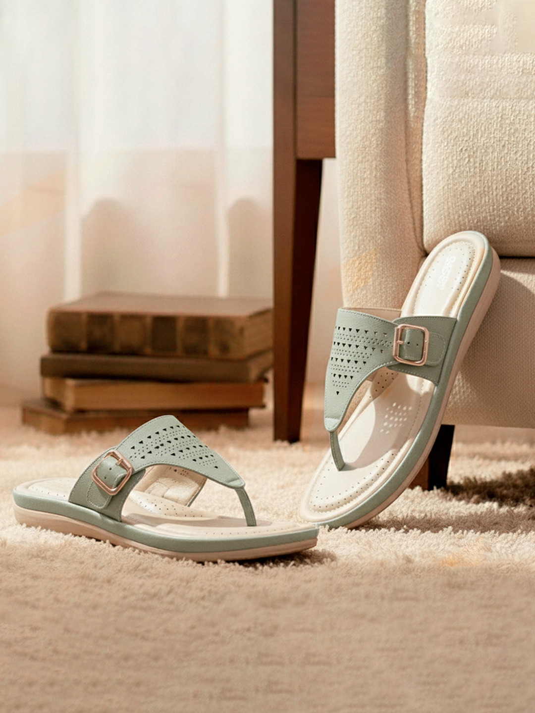 DOCTOR EXTRA SOFT Textured Lightweight Open Toe Flats With Buckles Detail & Laser Cuts