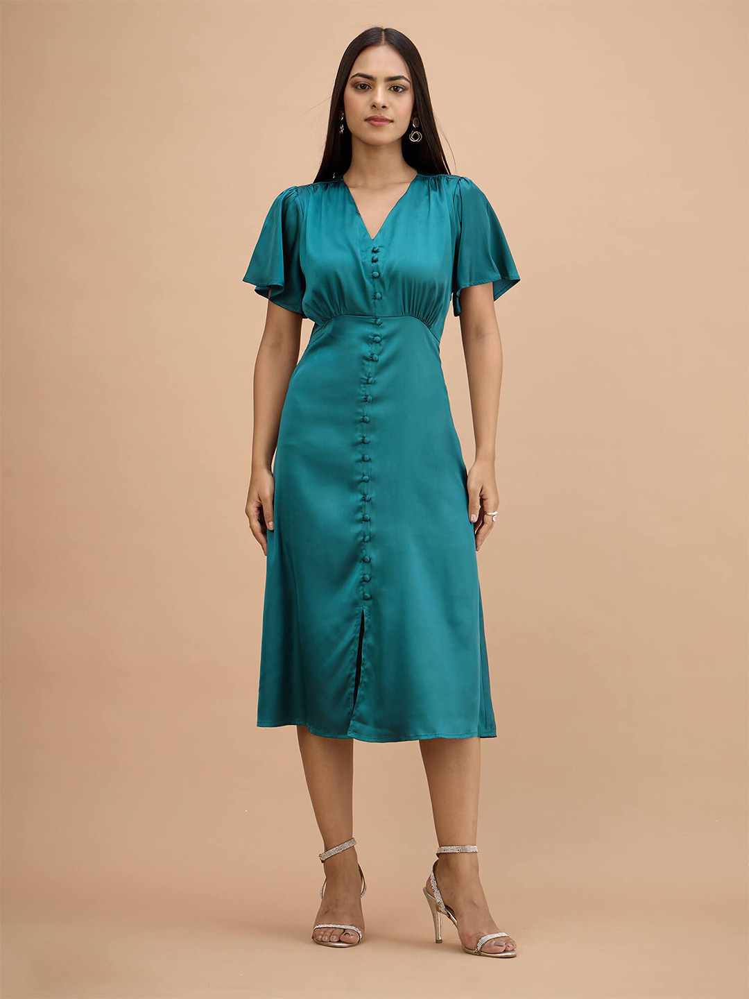 SALT ATTIRE Flared Sleeve Satin Fit & Flare Midi Dress