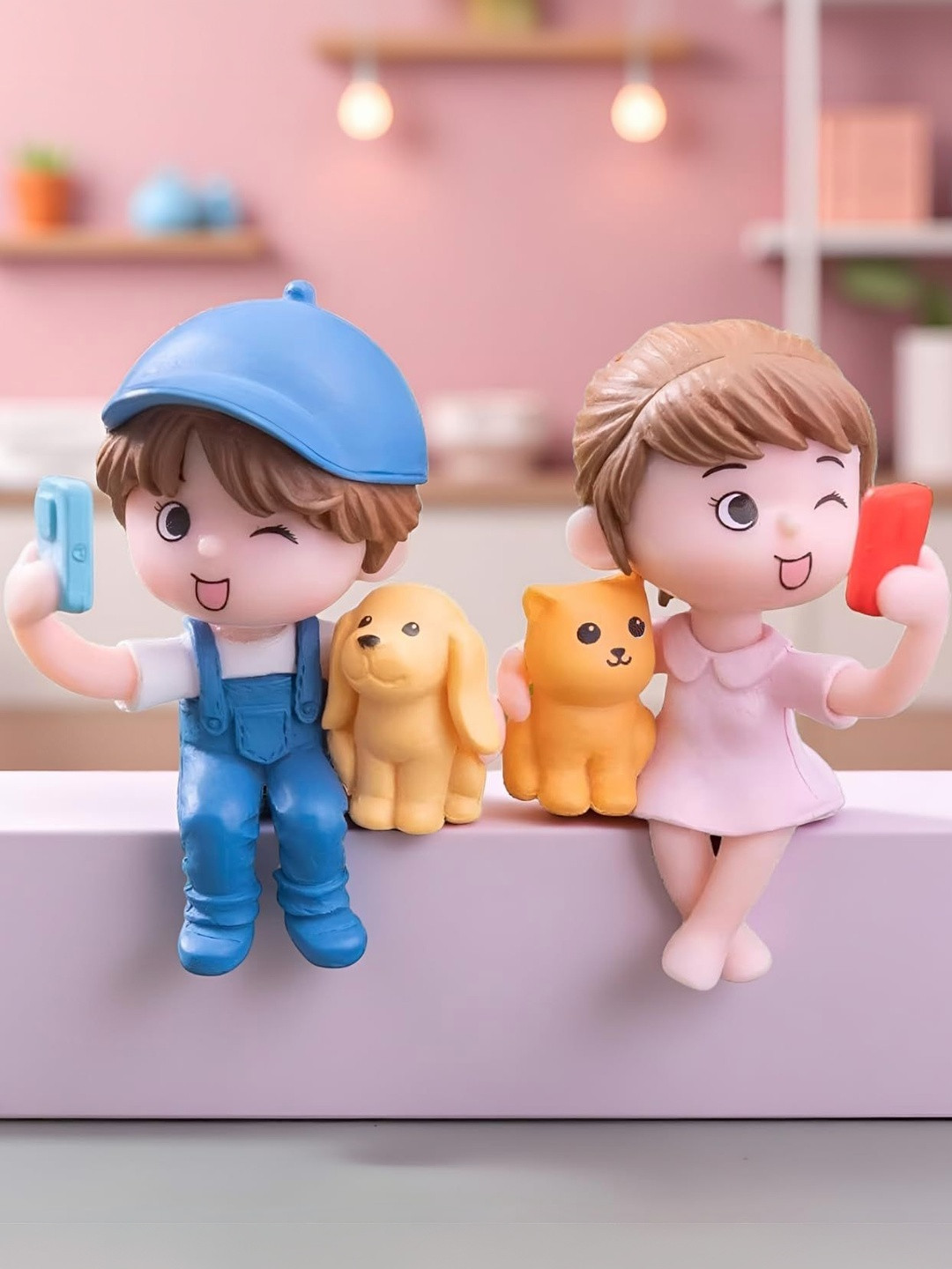 Ascension Blue Adorable Couple Mini Statues Taking Selfie Showpiece