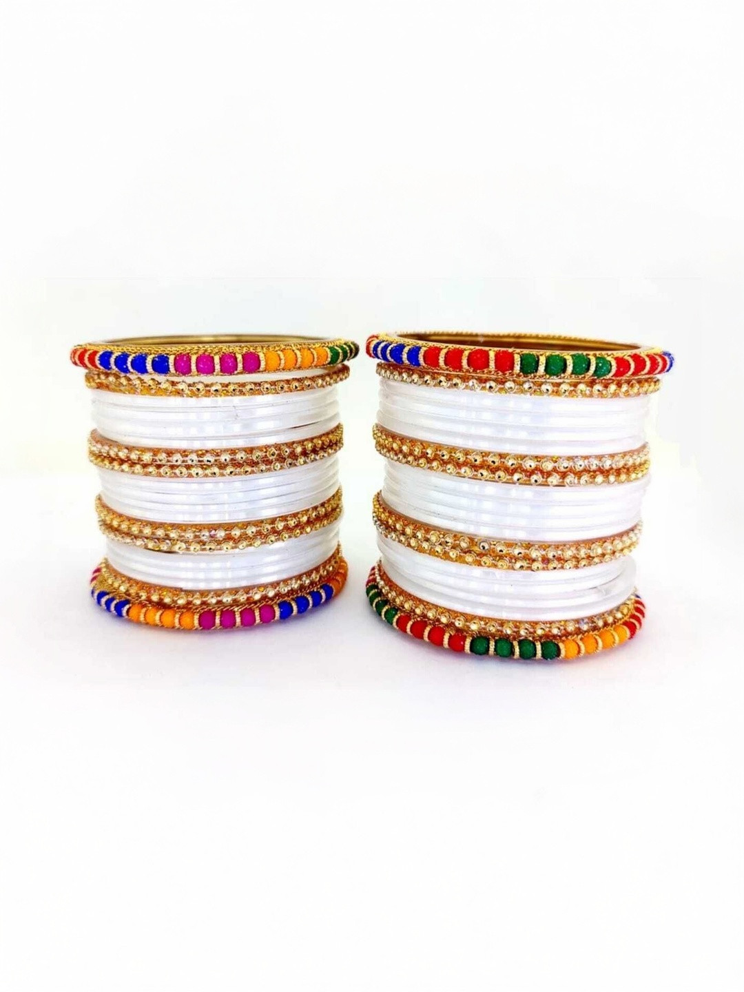 THE BLAZZE Set Of 10 White Glass Artificial Stones Bangles