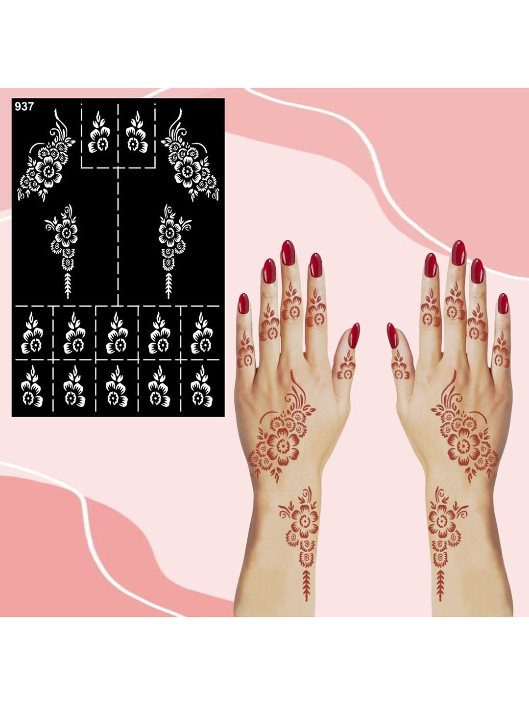 VOORKOMS Detailed Leafy Mehndi Stencil With Big Flowers, Petals And Stars For Beautiful