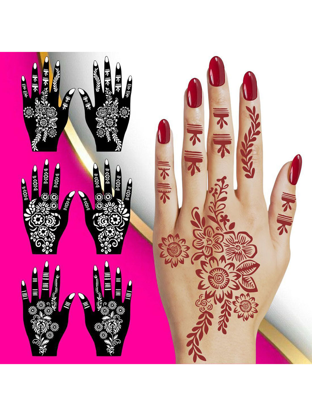 VOORKOMS Intricate Combo Mehndi Stencil Sticker With Floral  For Festival Hand Art