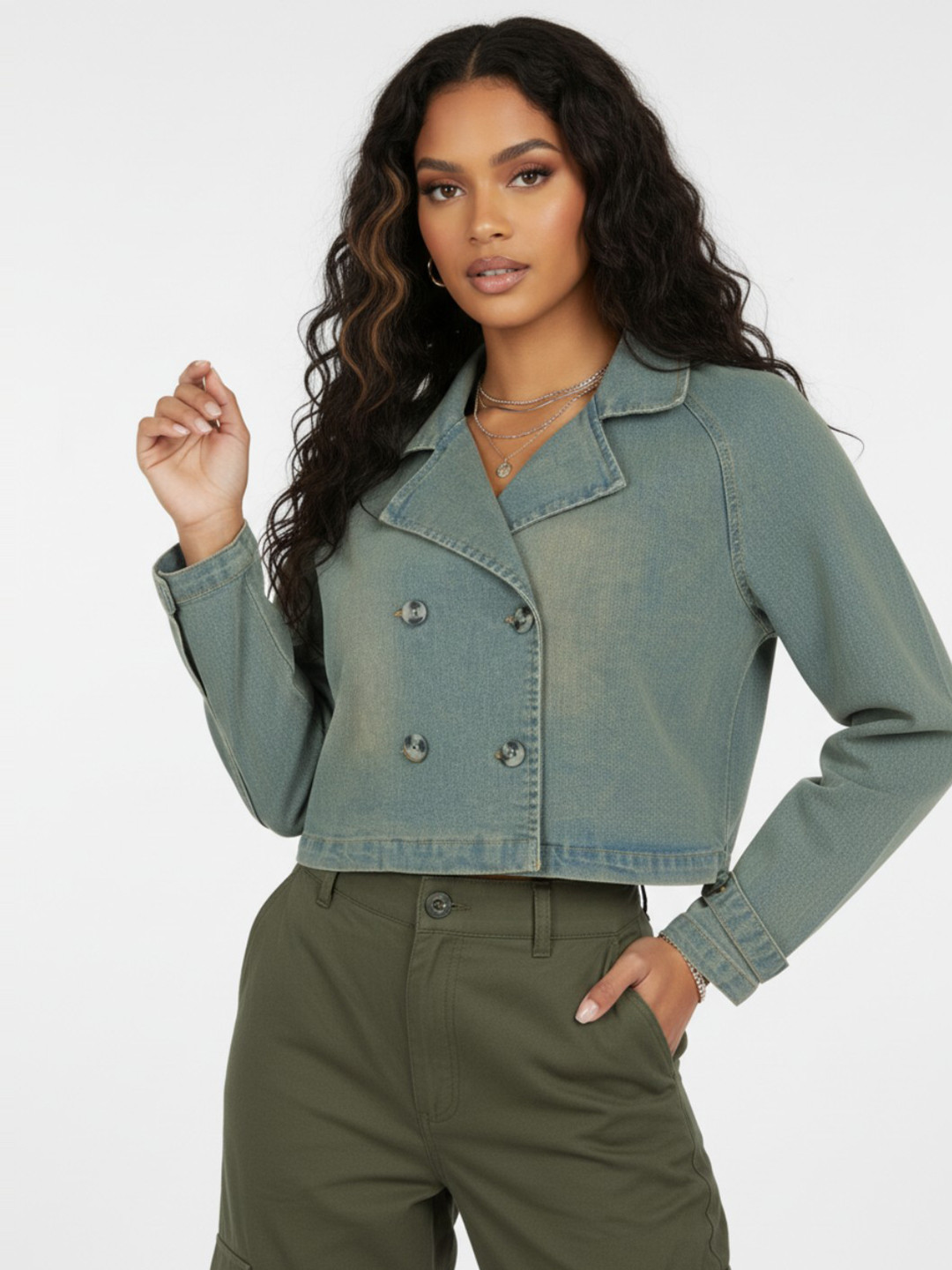 glitchez Notched Lapel Crop Denim Jacket