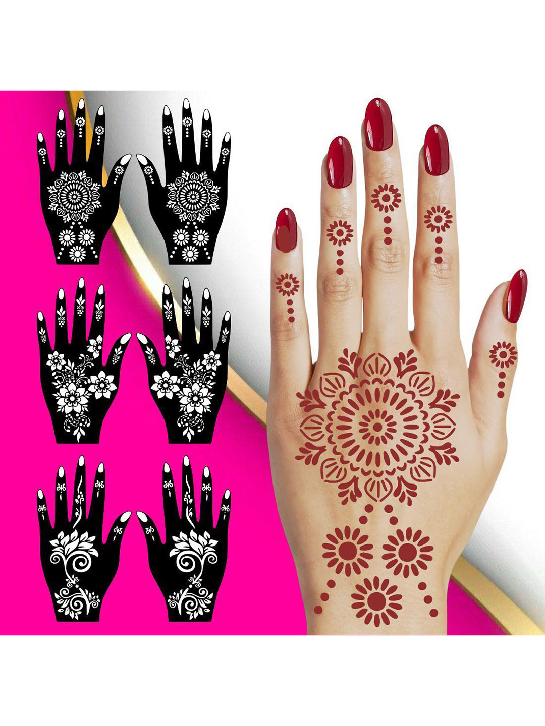 VOORKOMS Set Of 3 Beautiful Mehndi Stencil Stickers With Full Hand Flowers