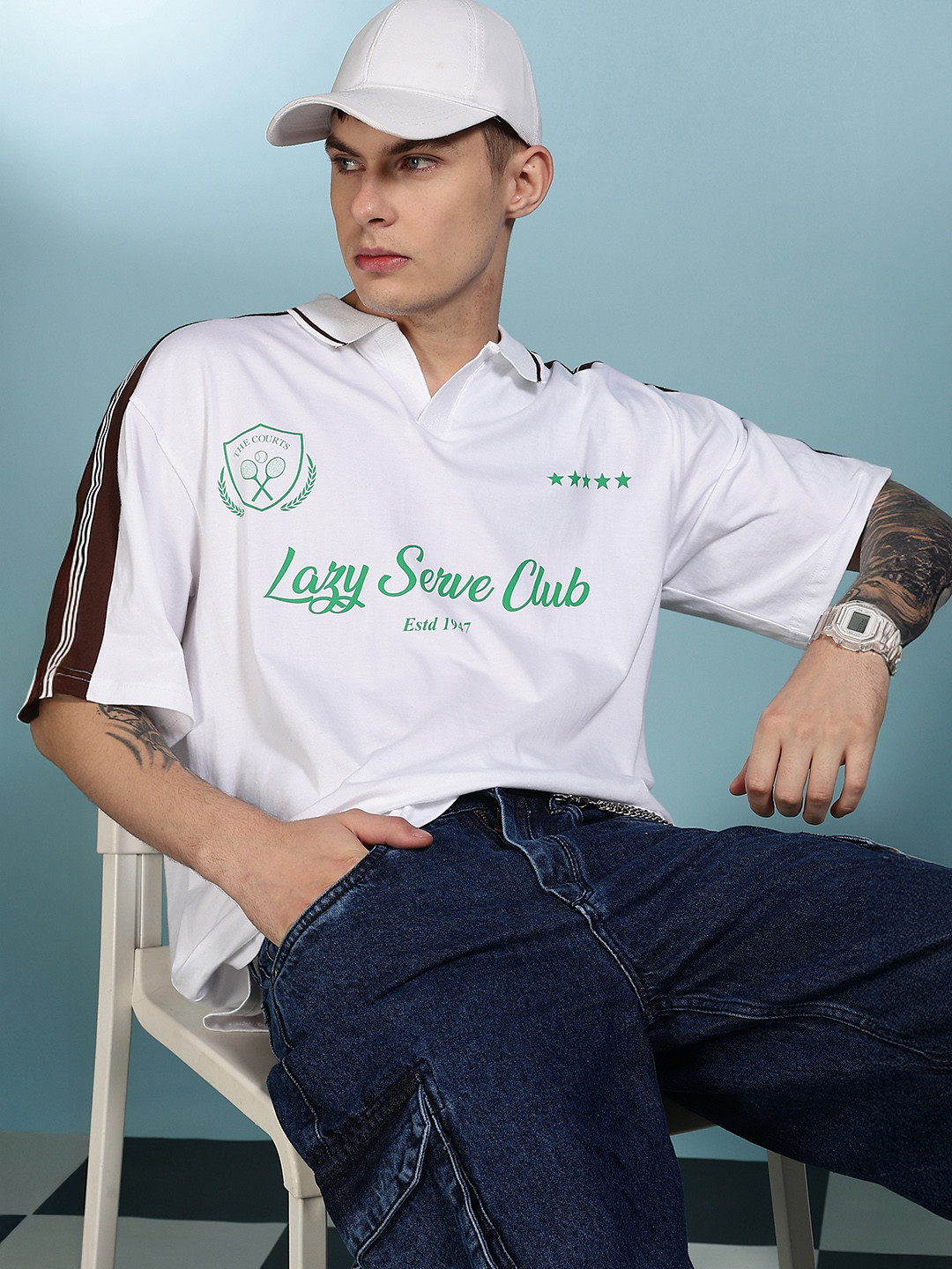 Eszett Typography Printed Polo Collar Football Cotton Oversized Tshirt