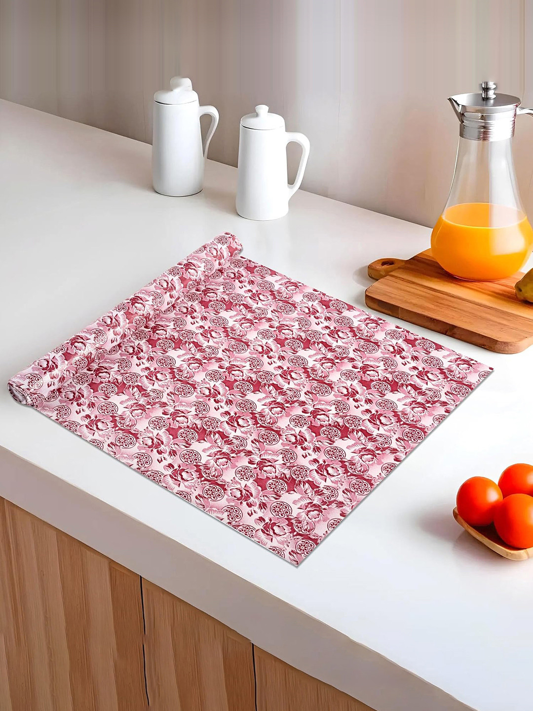 Kuber Industries Maroon & White Floral Printed Shelf Mat