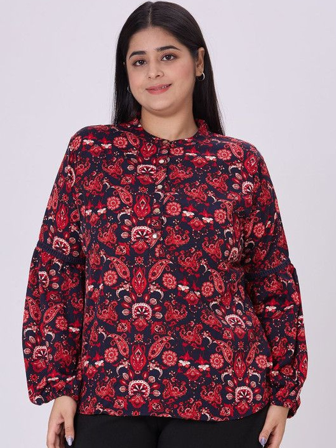 Style Quotient Plus Print Mandarin Collar Puff Sleeve Bohemian Cotton Top
