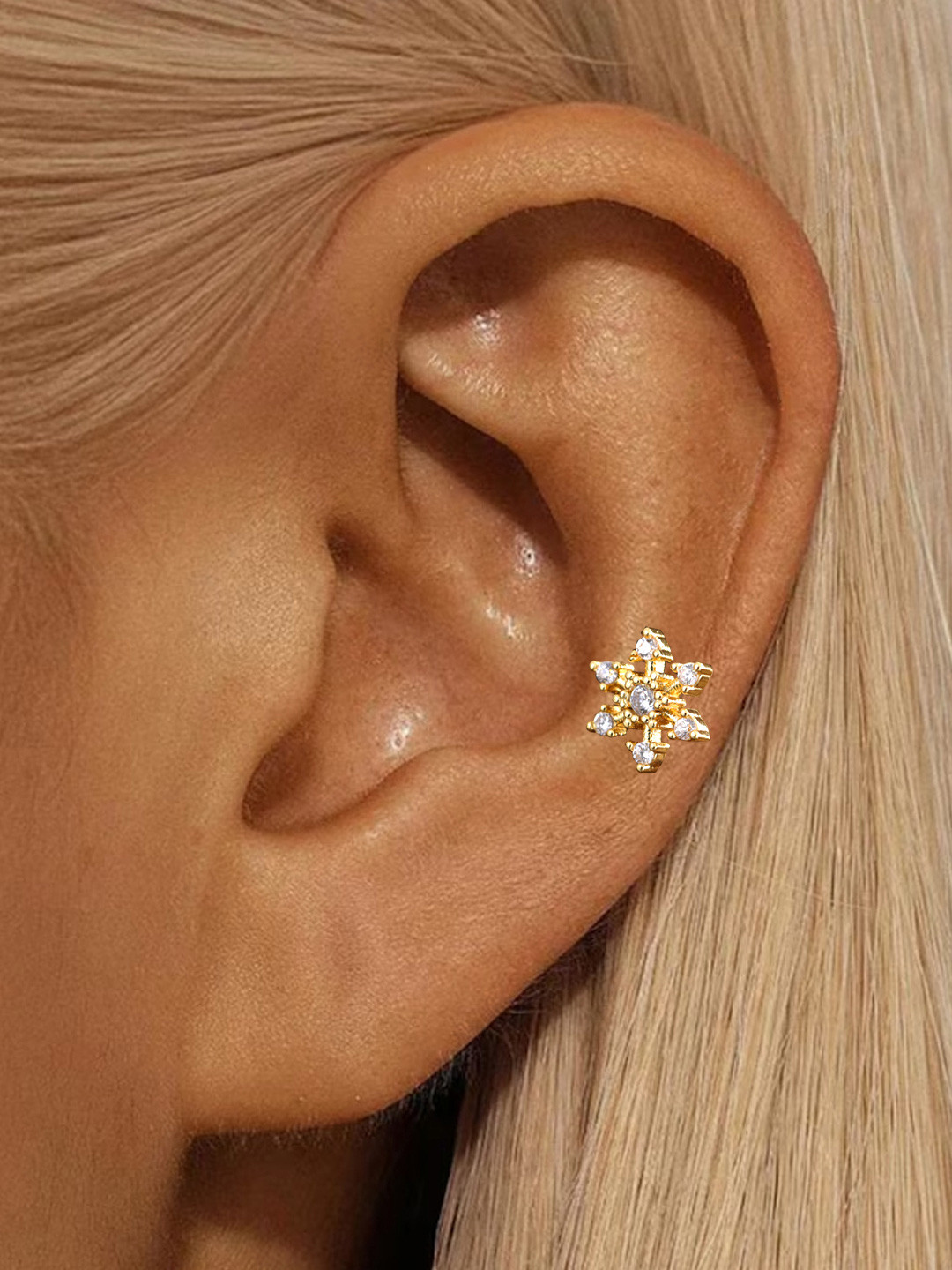 Goldnera Brass-Plated Cubic Zirconia Studded Star Shaped Korean Stud