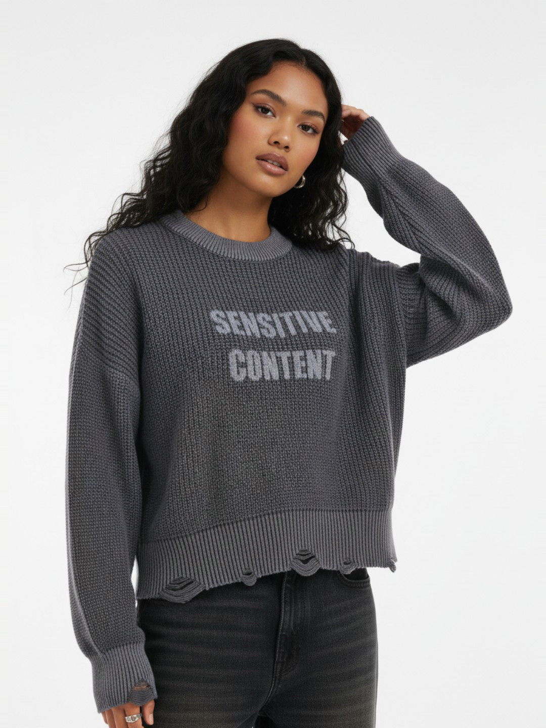 glitchez Ribbed Self Design Typography Oversized  Pure Cotton Pullover