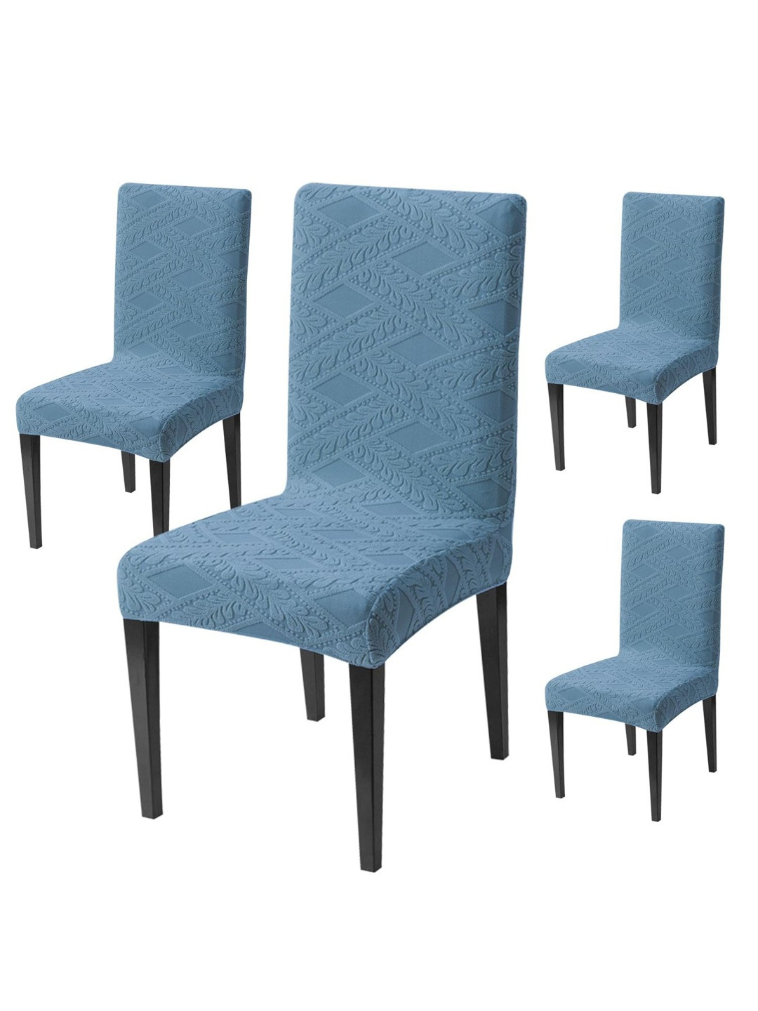 HOUSE OF QUIRK 4Pcs Blue Self Design Stretchable Universal Fit Jacquard Chair Covers