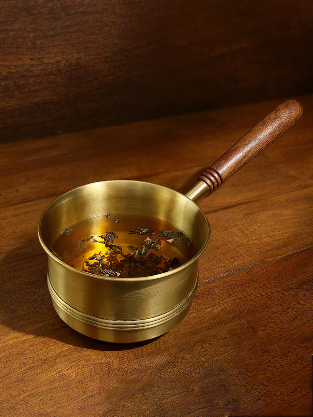 ellementry Gold Toned Brass Tea Pan with Wooden Handle