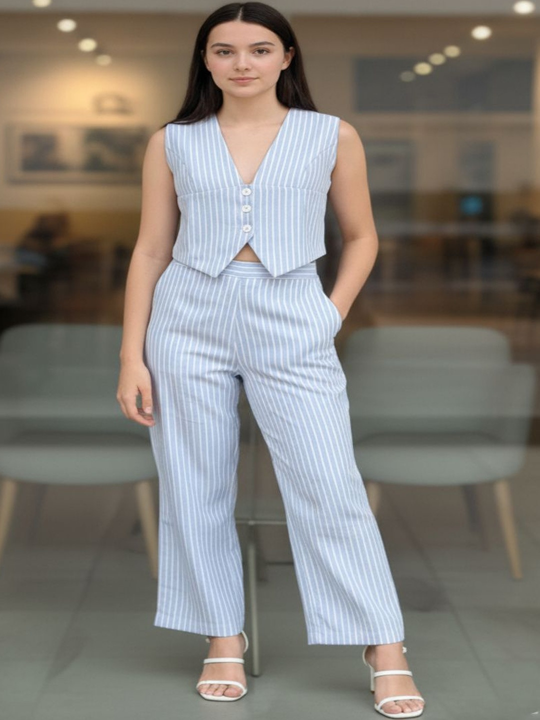 LAESTILOSO PRIVATE LIMITED Striped Waistcoat With Trouser Co-Ords