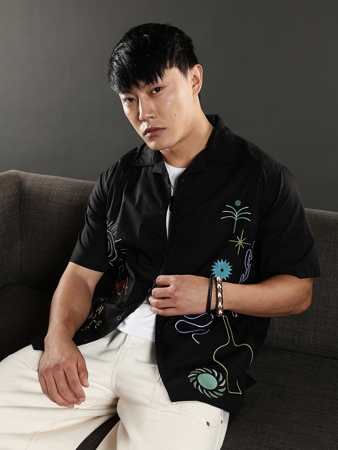 Eszett Men Conversational Printed Cuban Collar Cotton Casual Shirt
