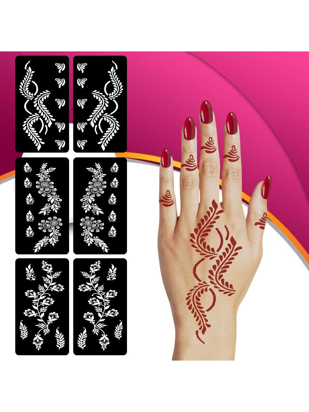 VOORKOMS Set Of 3 Mehndi Stencil Sticker Designs With Detailed Floral & Leaf