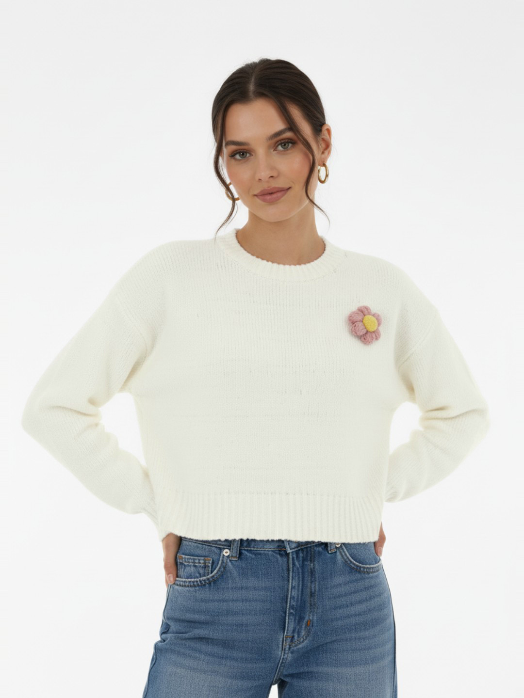 glitchez Floral Applique Detail Round Neck Oversized Pullover