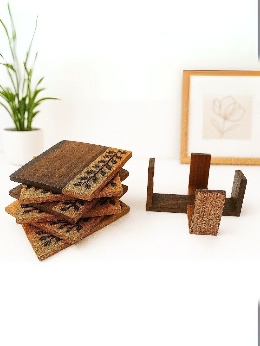 Unravel India 6-Pcs Brown Leaf Pattern Wooden Coasters
