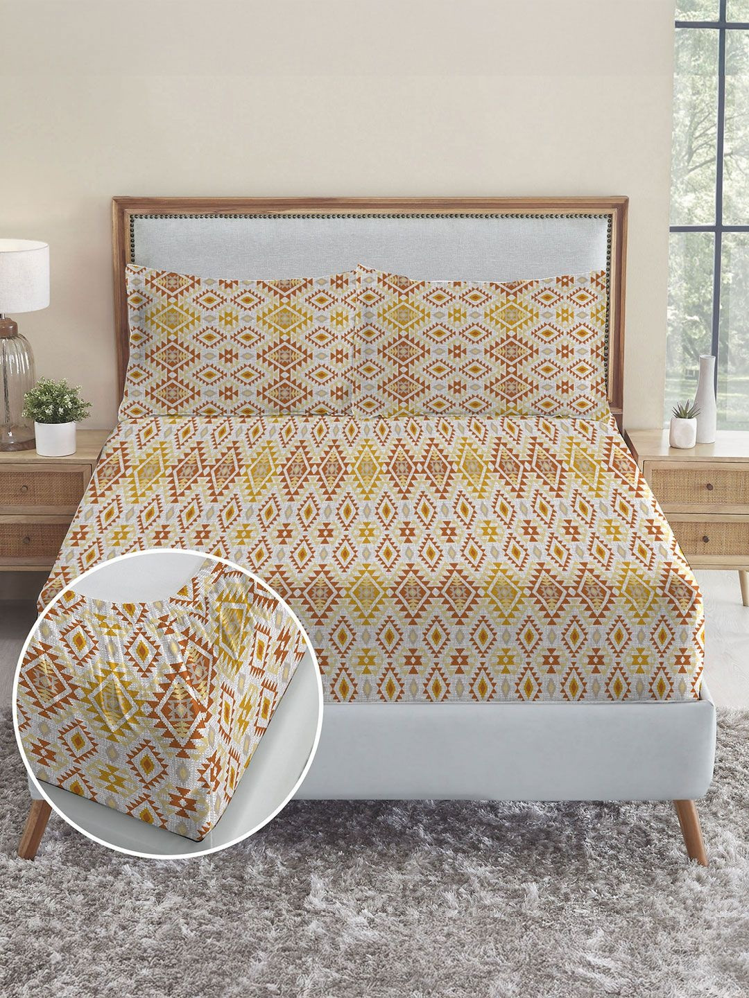 MYTRIDENT Multicoloured Geometric 144 TC Bedsheet with 2 Pillow Covers