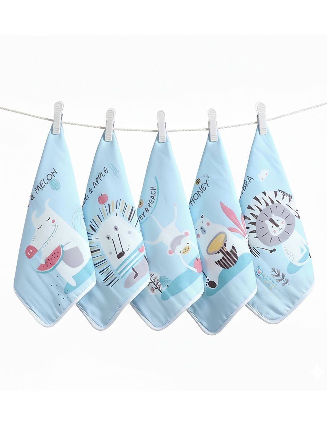 Baby Moo Set Of 5 Animal Appetites Soft Hankies - Blue