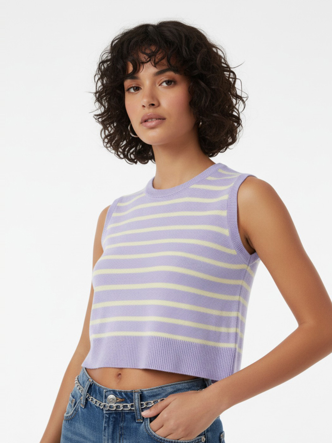 glitchez Horizontally Striped Crop Sweater Vest