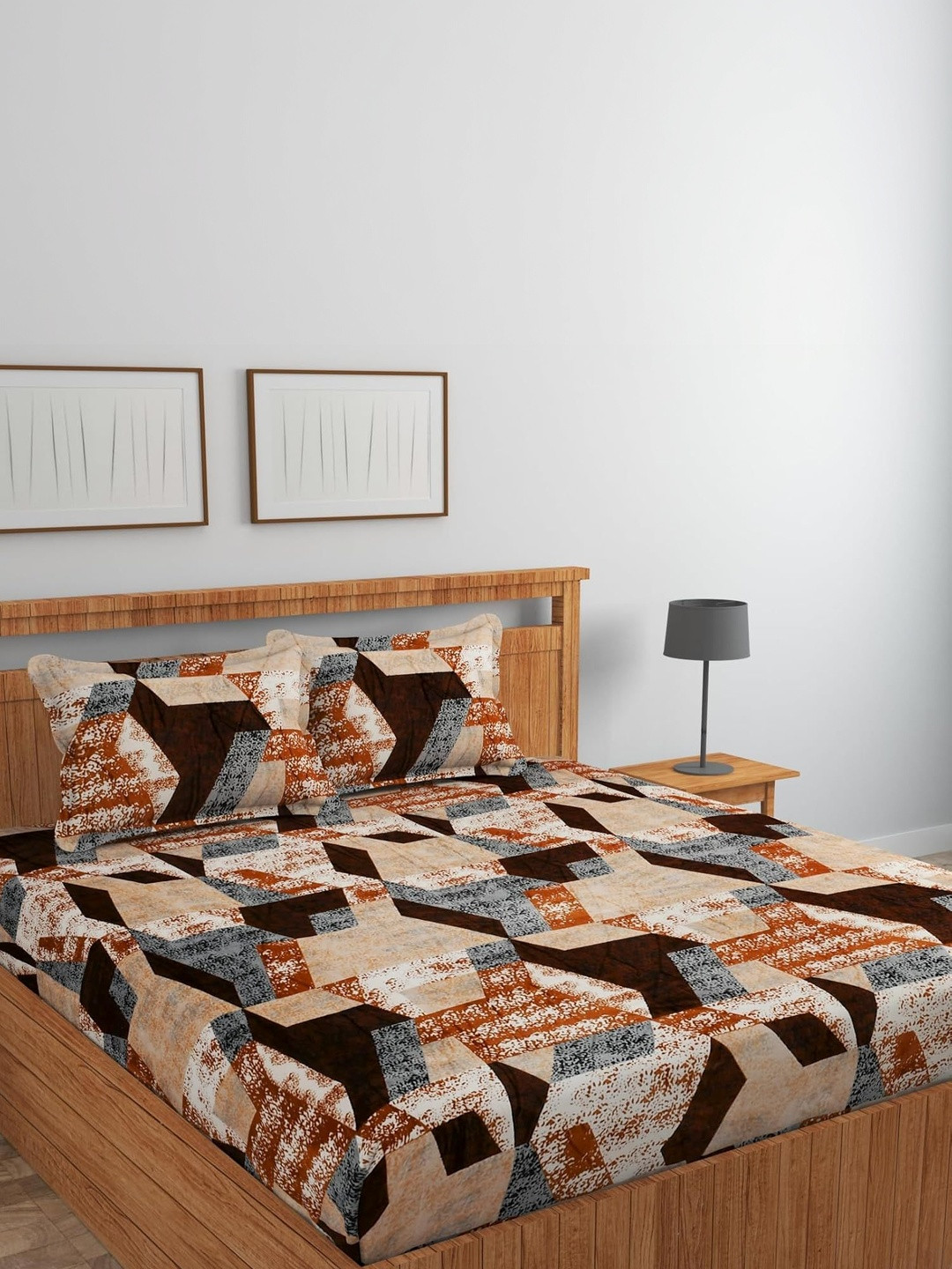Banchmark Home Furnishings Brown Geometric 200 TC Bedsheet with 2 Pillow Covers