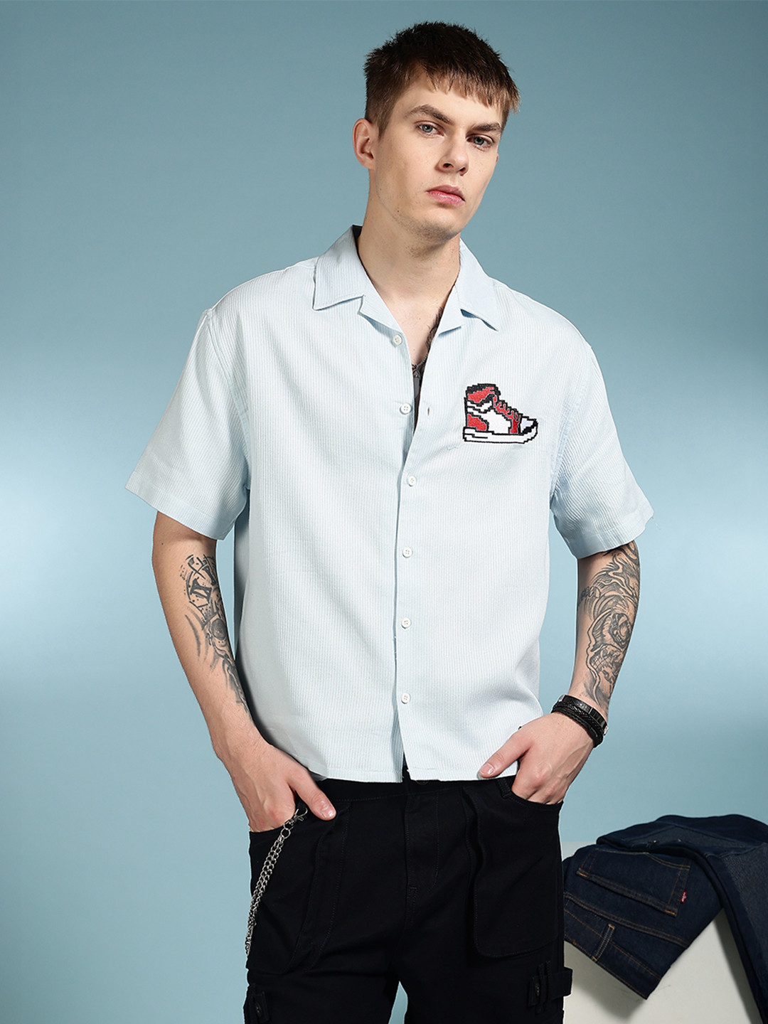 Eszett Embroidery Spread Collar Trippy Shoes Cotton Oversized Shirt