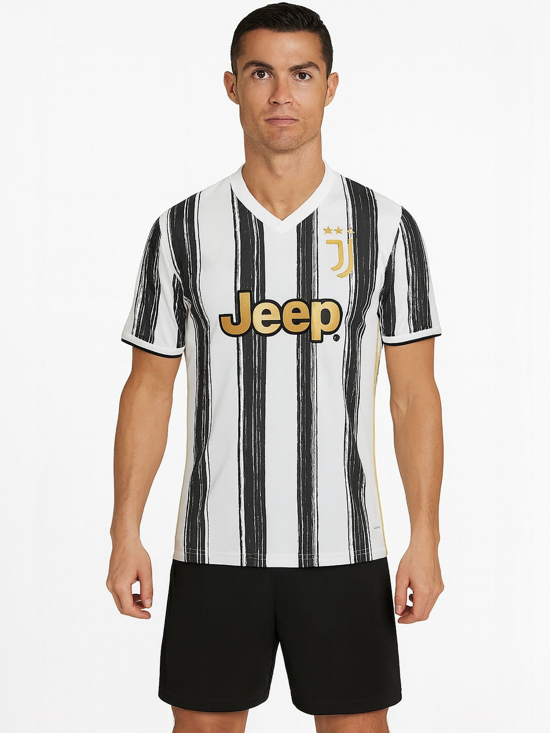 dostitch Men Juventus Cristiano Ronaldo Striped V-Neck Dri-FIT T-shirt