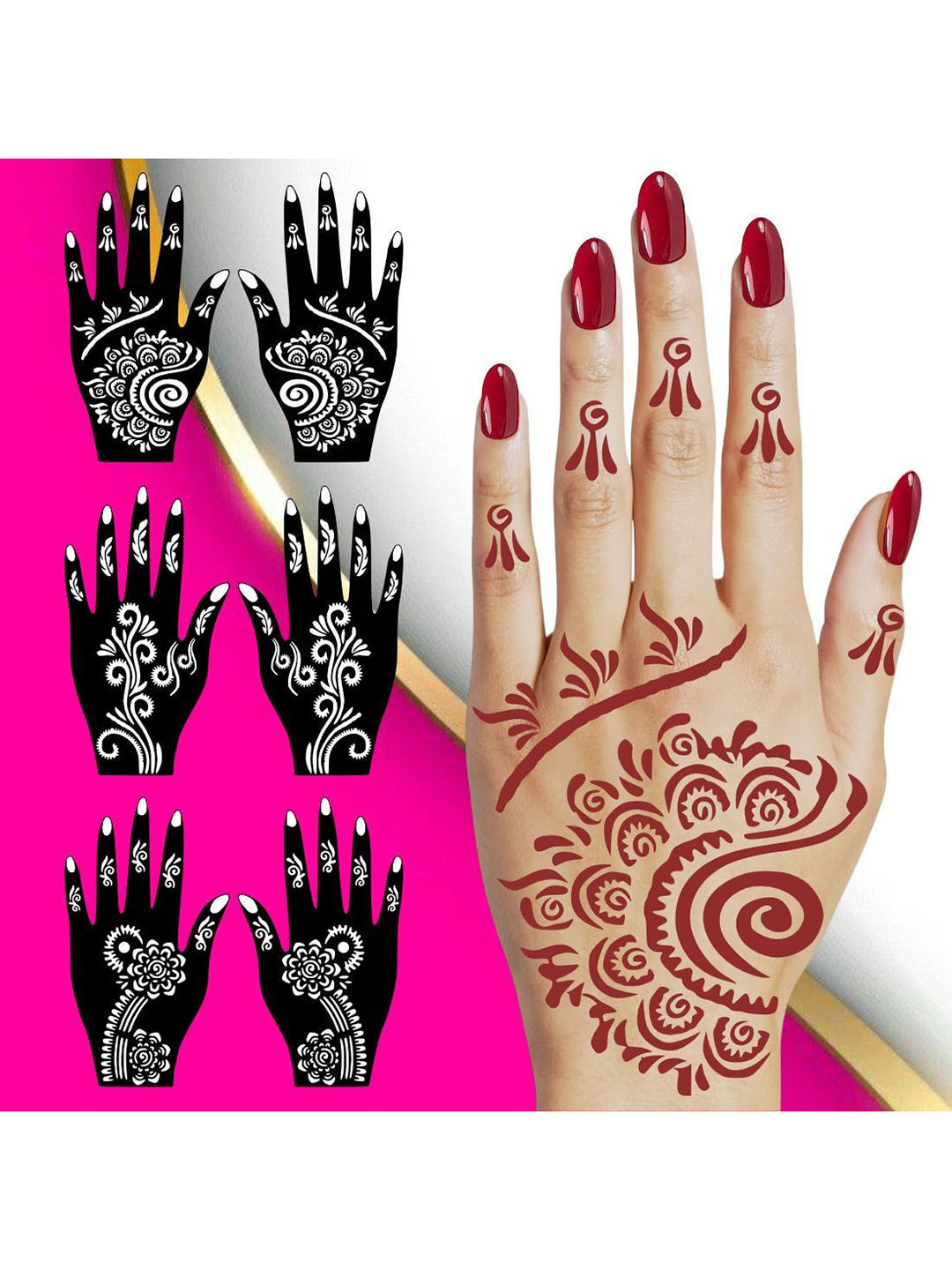VOORKOMS Set Of 6 Mehndi Stencil Sticker Designs With Detailed Floral & Leaf