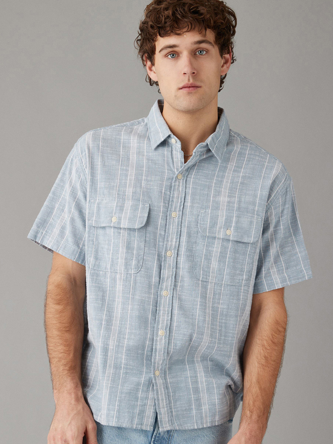 AMERICAN EAGLE OUTFITTERS Striped Button-Up Poolside Casual Shirt