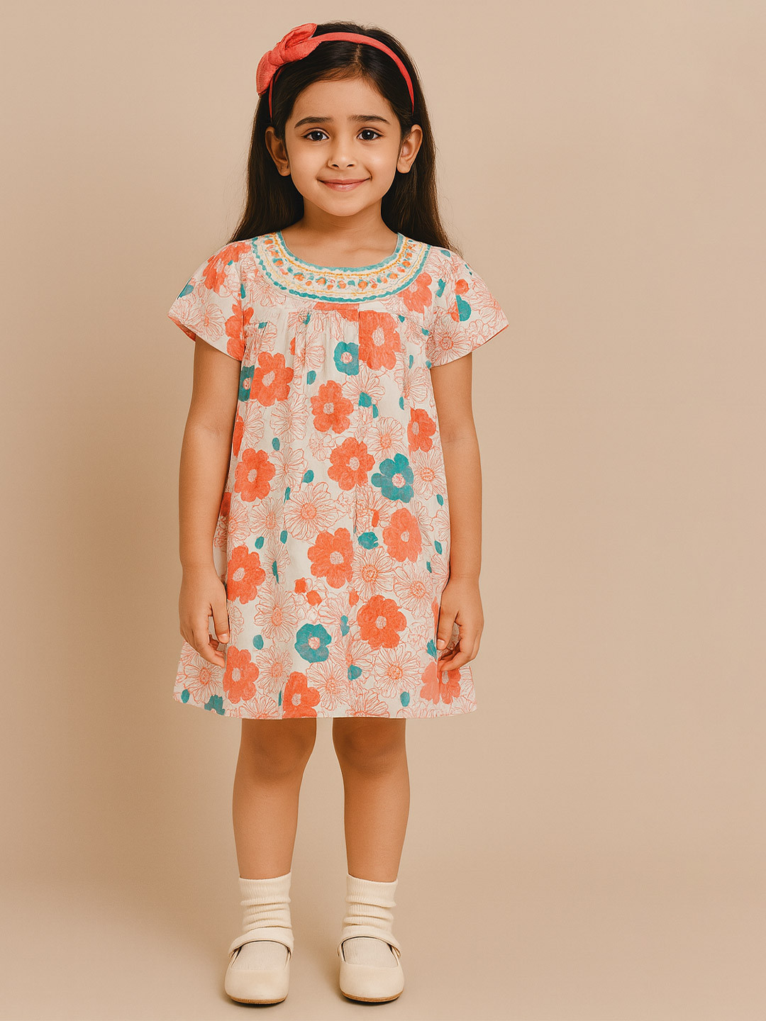Miyo Girls Off-White Floral Print A-Line Dress