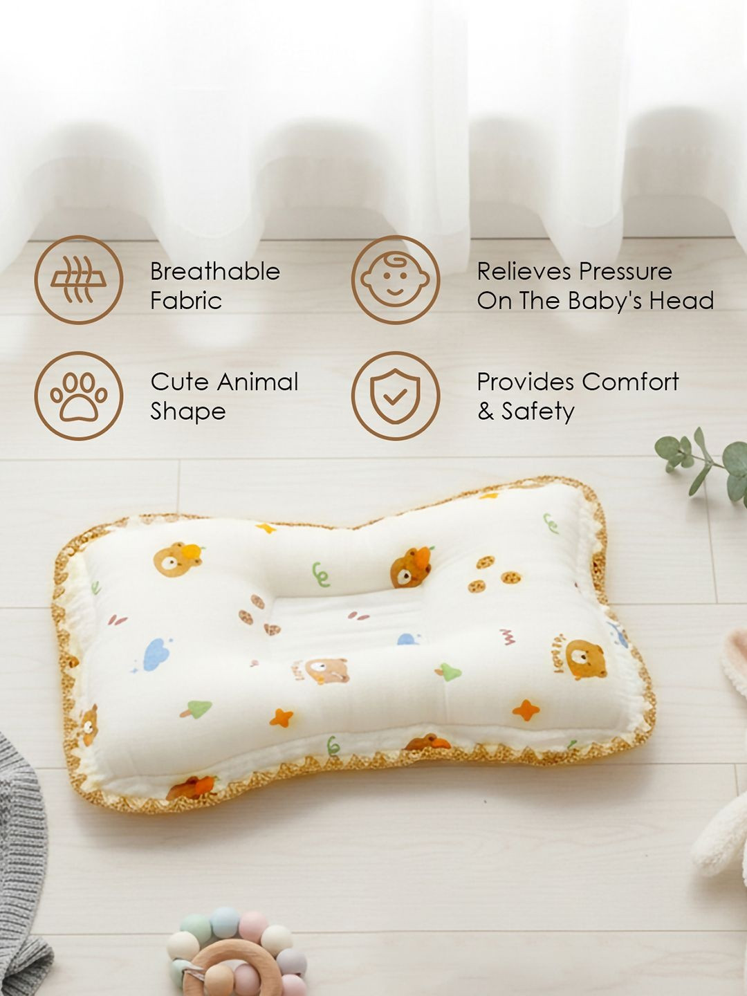 Baby Moo Kids White Rectangular Bear Printed Breathable Head Shaping Neck Support Pillow