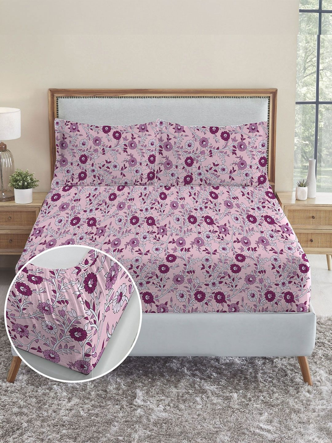 MYTRIDENT Pink Floral 144 TC King Bedsheet with 2 Pillow Covers