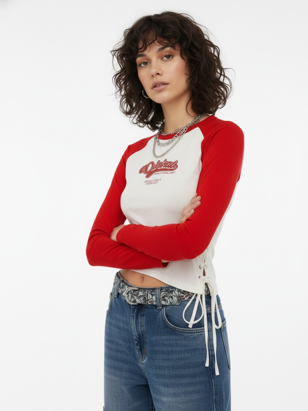 glitchez Graphic Printed Fitted Crop Top with lace up