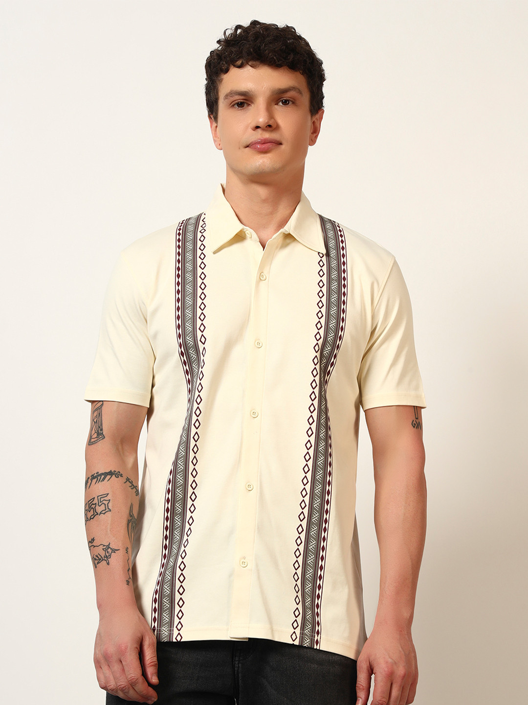 ONEWAY Relaxed Fit Multi Stripes Striped Spread Collar Cotton Casual Shirt