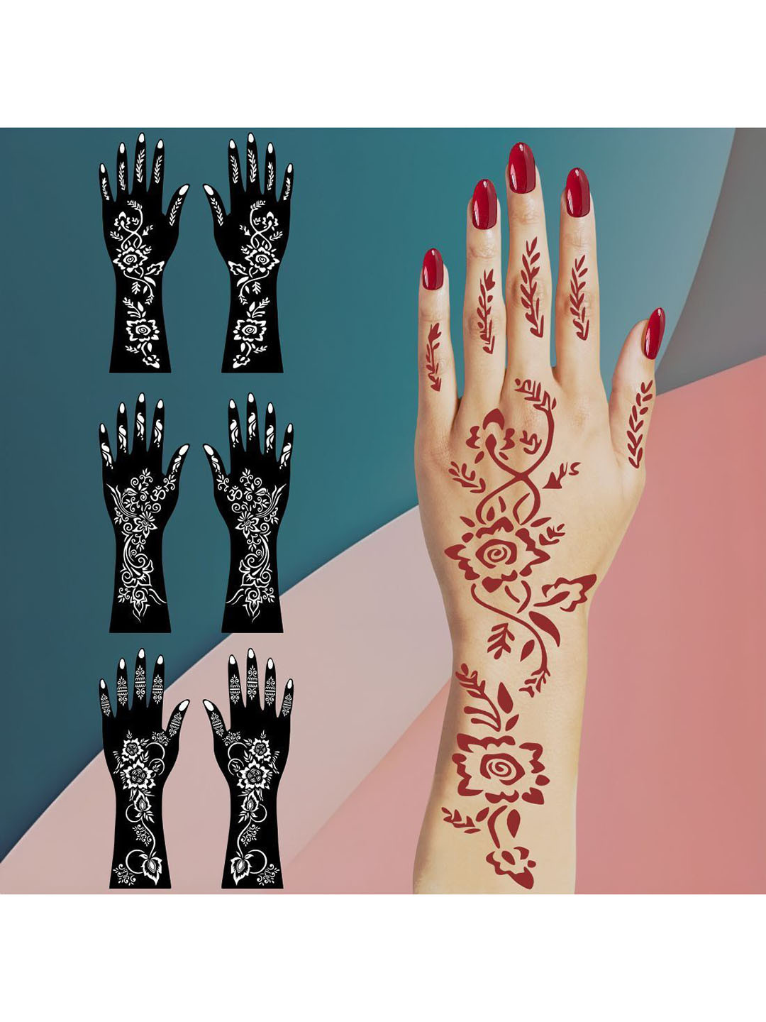 VOORKOMS Combo Mehndi Stencil Sticker With Flower Art For Functions & Festival Looks