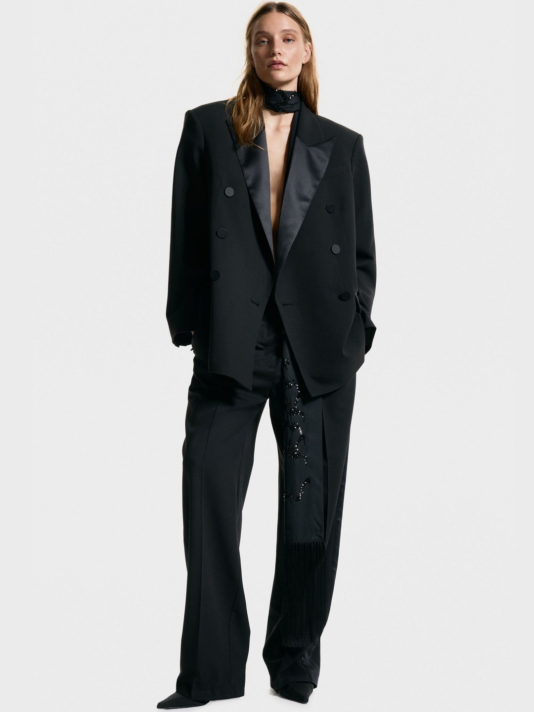 H&M Women Solid Double-Breasted Notched Lapel Tuxedo Blazer