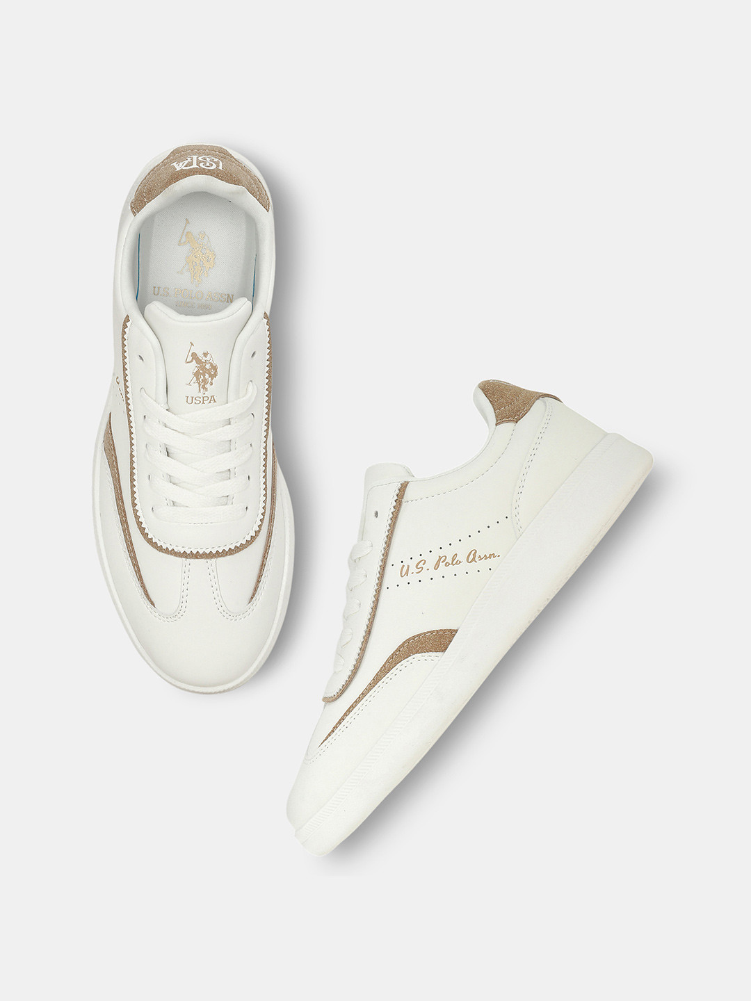 U.S. Polo Assn. Women Off white PU Round Toe Lace-Ups Sneakers