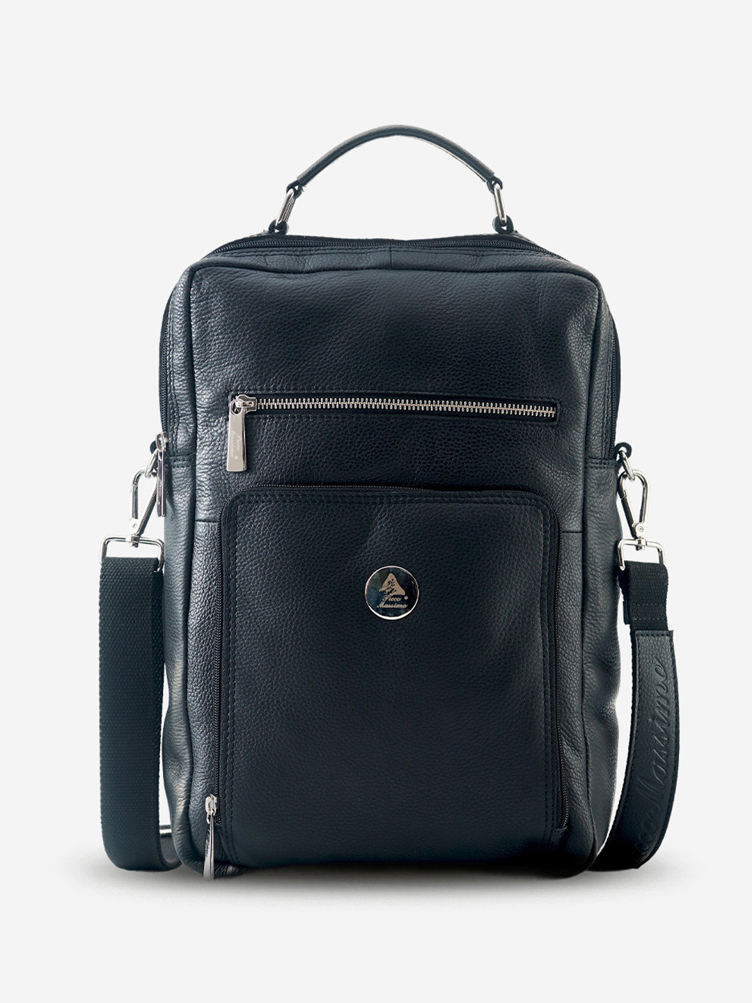 Picco Massimo Unisex Black Solid Leather Laptop Messenger Bag